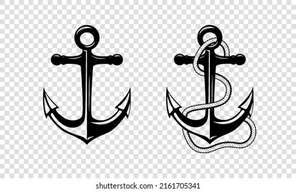 Vector Hand drawn Anchor Icon Set Isolated. Design Template for Tattoos, Tshirt, Logo, Labels. Anchor with Rope. Antique Vintage Marine Anchors