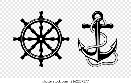 Vector Hand drawn Anchor and Ships Helm Icon Set Isolated. Design Template for Tattoos, Tshirt, Logo, Labels. Anchor with Rope and Steering Wheel. Antique Vintage Marine Symbols