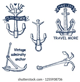 vector hand drawn anchor sketch on background. Set of hand drawn anchors, symbol of hope in old tattoo or sketch engraved style