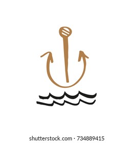 Vector hand drawn anchor and waves. Poster, postcard, print, label, logo, sticker and other.