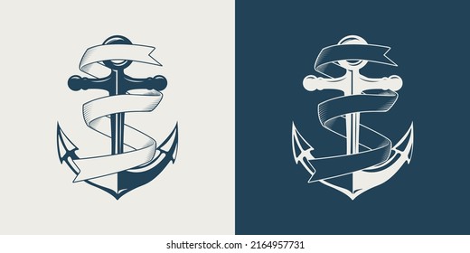 Vector Hand drawn Anchors with Ribbons Set Isolated. Design Template for Tattoos, Tshirt, Logo, Labels. Anchor with Ribbon. Antique Vintage Marine Anchors