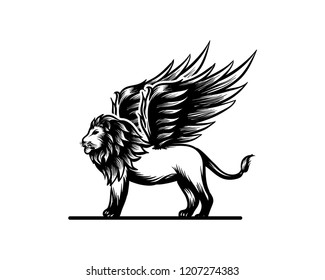 Vector Hand Drawn Animal King of the Jungle Lion with Wings Sign Symbol Icon Logo Template Design Inspiration