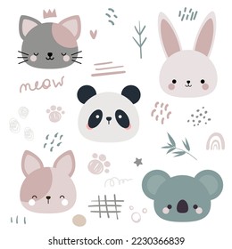Vector hand drawn animals in doodle style. Hare, panda, cat, dog and koala. Animals and doodles, rainbow, dots and hearts. Clipart set in modern style.