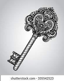 Vector hand drawn antique ornate door or gate key in black and white style. Beautiful illustration with vintage pattern