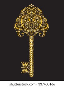 Vector Hand Drawn Antique Ornate Door Or Gate Key In Golden Metallic. Beautiful Illustration With Vintage Pattern.