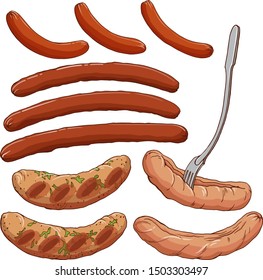 Vector hand drawn appetizing sausages and fork. Isolated on white elements for food design. Octoberfest