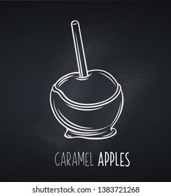 Vector hand drawn apple in caramel or toffee, blackboard. Halloween sweets for street food cafe. Caramel apples engraved icon.