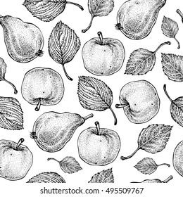 Vector hand drawn apple and pear seamless pattern. Summer fruits. Engraved style. Background. Detailed food drawing. Great for summer decor or detox program.