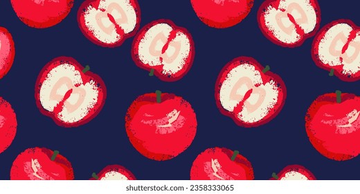 Vector hand drawn apple print. Seamless pattern with аpple and apple slices. Summer fruits background. Fashionable template for design