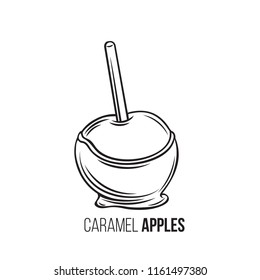 Vector hand drawn apples in caramel or toffee. Halloween sweets for street food cafe. Retro style.