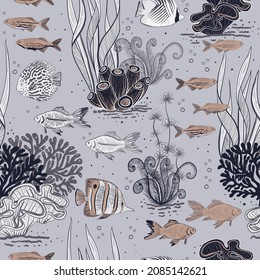 Vector hand drawn aquarium life seamless pattern print background.