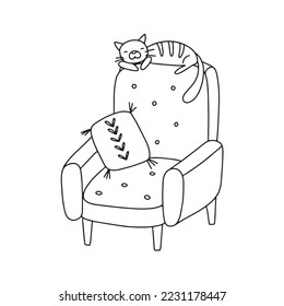 Vector hand drawn armchair and cat. Isolated on white background drawing for prints and posters