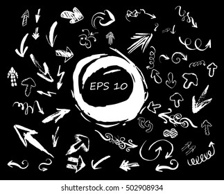 Vector hand drawn arrow set. Unique brush grange arrows objects for poster, banner, print, web design. White on black.