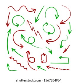 Vector Hand Drawn Arrows, Design Element Set, Red and Green Colorful Arrows Isolated on White Background.