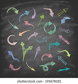 Vector hand drawn arrows icons set on chalkboard. Abstract vector illustration.