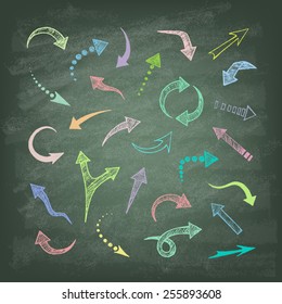 Vector hand drawn arrows icons set on the green blackboard. Abstract vector illustration.