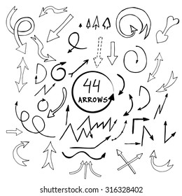 vector hand drawn arrows icons set isolated on white background. Hand drawn simple arrows