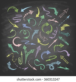 Vector hand drawn arrows icons set on the blackboard. Abstract vector illustration.