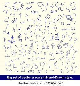 Vector hand drawn arrows set written with blue ink on vintage paper