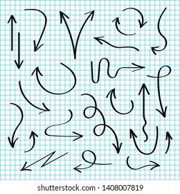 Vector hand drawn arrows set. Black sketch arrows in doodle style. Lines and pointers, circles, check and marks