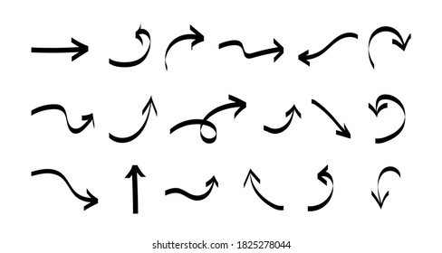 Vector hand drawn arrows. Set of black flat different direction isolated arrows