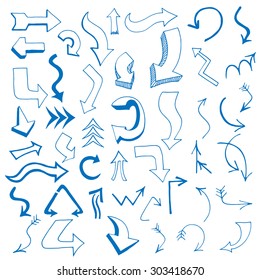Vector hand drawn arrows set written with blue ink isolated on white background
