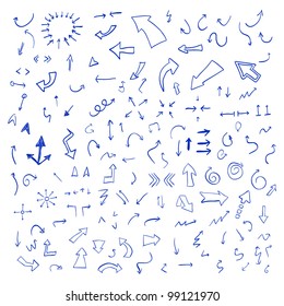 Vector hand drawn arrows set written with blue ink isolated on white background