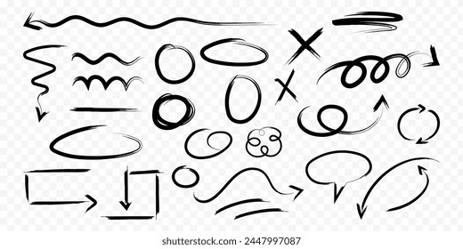 Vector hand drawn arrows and shapes on transparent background