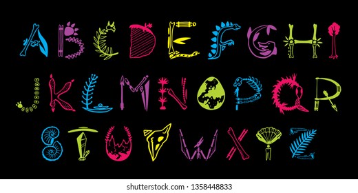 Vector hand drawn art font. Colorful alphabet isolated on black background. Decorative typeface. Cute paleontology letters for your design. Vector font set.