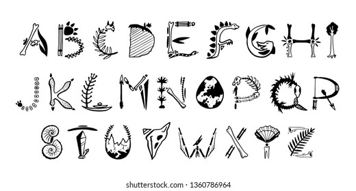 Vector hand drawn art font. Black alphabet isolated on white background. Decorative typeface. Cute paleontology letters for your design. Vector font set.