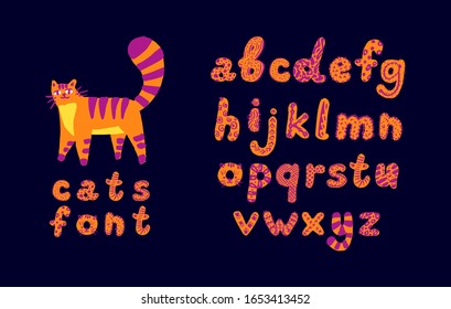 Vector hand drawn art font cat. Alphabet on dark background. Decorative typeface. Cute cartoon flat style. Letters for your design. Vector font set.