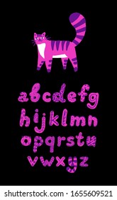 Fuente de arte dibujada a mano por vectores. Alfabeto sobre fondo negro. Tipo de letra decorativo. Caricatura de gato rosado estilo plano. Cartas para tu diseño. Conjunto de fuentes vectoriales.