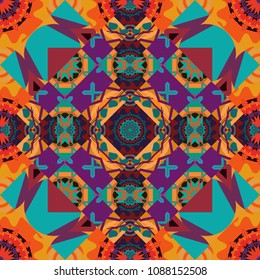 Vector hand drawn art, typical portuguese tiles. Orange, blue and purple mandalas. Ceramic tiles pattern. Seamless abstract background. Traditional ornate portuguese decorative tiles azulejos.