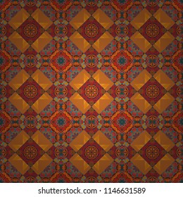 Vector hand drawn art, typical portuguese tiles. Traditional ornate portuguese decorative tiles azulejos. Orange, magenta and red mandalas. Seamless abstract background. Ceramic tiles pattern.