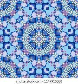 Vector hand drawn art, typical portuguese tiles. Traditional ornate portuguese decorative tiles azulejos. Seamless abstract background. Ceramic tiles pattern. Beige, purple and blue mandalas.