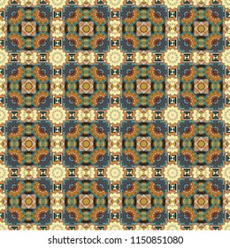 Vector hand drawn art, typical portuguese tiles. Traditional ornate portuguese decorative tiles azulejos. Blue, brown and yellow mandalas. Seamless abstract background. Ceramic tiles pattern.
