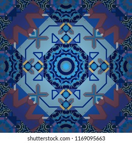 Vector hand drawn art, typical portuguese tiles. Ceramic tiles pattern. Green, brown and blue mandalas. Traditional ornate portuguese decorative tiles azulejos. Seamless abstract background.