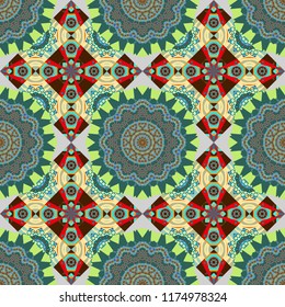 Vector hand drawn art, typical portuguese tiles. Ceramic tiles pattern. Traditional ornate portuguese decorative tiles azulejos. Seamless abstract background. Green, blue and gray mandalas.