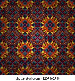 Vector hand drawn art, typical portuguese tiles. Seamless abstract background. Blue, yellow and red mandalas. Ceramic tiles pattern. Traditional ornate portuguese decorative tiles azulejos.