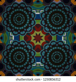 Vector hand drawn art, typical portuguese tiles. Seamless abstract background. Traditional ornate portuguese decorative tiles azulejos. Ceramic tiles pattern. Blue, brown and black mandalas.
