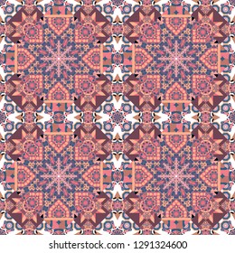 Vector hand drawn art, typical portuguese tiles. Seamless abstract background. Ceramic tiles pattern. Neutral, pink and beige mandalas. Traditional ornate portuguese decorative tiles azulejos.