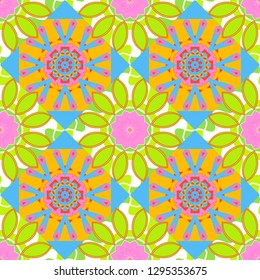 Vector hand drawn art, typical portuguese tiles. Blue, yellow and green mandalas. Seamless abstract background. Ceramic tiles pattern. Traditional ornate portuguese decorative tiles azulejos.
