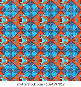Vector hand drawn art, typical portuguese tiles. Traditional ornate portuguese decorative tiles azulejos. Blue, orange and red mandalas. Seamless abstract background. Ceramic tiles pattern.