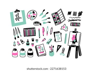 Vector hand drawn artist supplies doodles minimalistic color set. Easel, sketchpad, brushes and watercolor paints icons. Tubes of oil paint, palette knife, paper sketches. Stationery tools for drawing