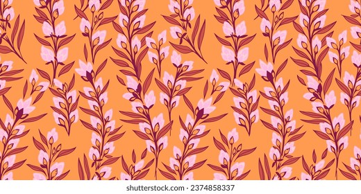 Vector hand drawn artistic branches leaves with blossoms buds flowers seamless pattern. Retro, vintage gently yellow print. Template for design, textile, fashion, print, surface design, fabric