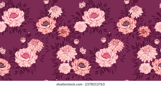 Vector hand drawn artistic flowers intertwined in a seamless pattern on a burgundy background. White, orange peonies, dahlias and leaves print. Template for design, fashion, surface design, fabric