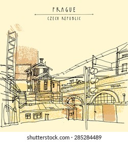 Vector hand drawn artistic illustration of old industrial buildings near bus station in Prague, Czech republic, Europe. Steam punk postcard template. Grungy drawing industrial greeting card design