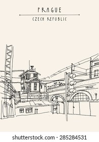 Vector hand drawn artistic illustration of old industrial buildings near bus station in Prague, Czech republic, Europe. Steam punk postcard template. Grungy drawing industrial greeting card design