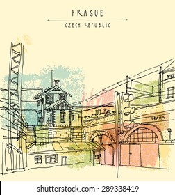 Vector hand drawn artistic illustration of old industrial buildings near bus station in Prague, Czech republic, Europe. Steam punk postcard template. Grungy drawing industrial greeting card design