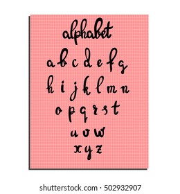 Vector hand drawn artistic lettering Alphabet script font isolated on pink background, simple type, black color, vector eps 10